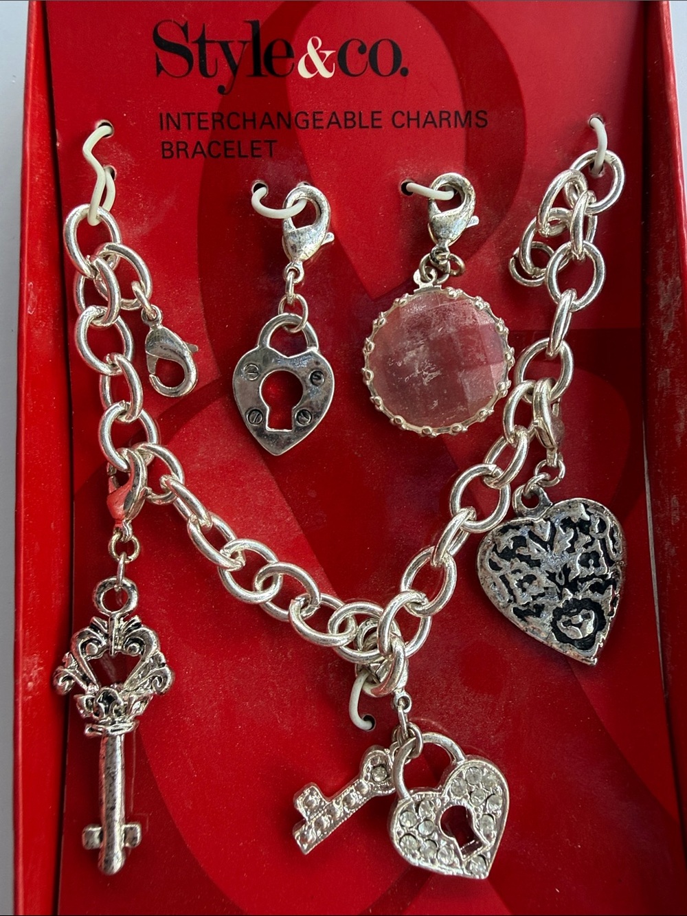 NWT Style & Co Silver-Tone Interchangeable Charm Bracelet with Hearts & Keys